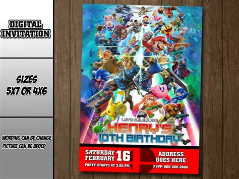 Super Smash Bros Digital Party Invitation Birthday Thank You Card