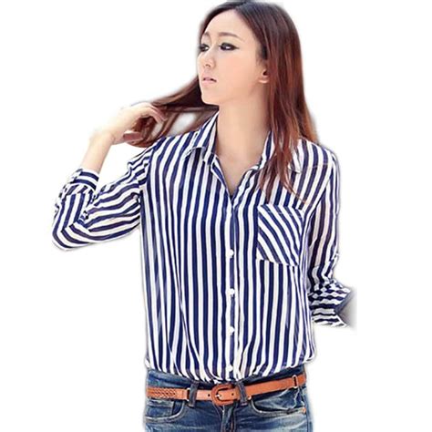2018 vintage ol ladies blue vertical stripe shirts button down long sleeve shirt women chiffon