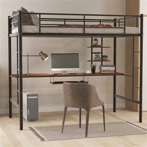 2021 Simple Style Black Loft Bed Desk Shelf Space Saving Design Living