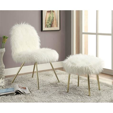 White fur desk chair with gold legs. Contemporary White Faux Fur Accent Chair Bedroom Vanity