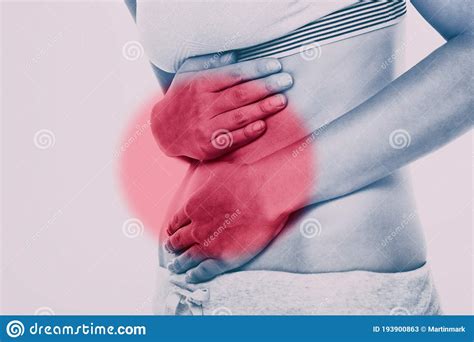 Stomach Pain Woman With Red Circle Targeting Painful Area On Lower