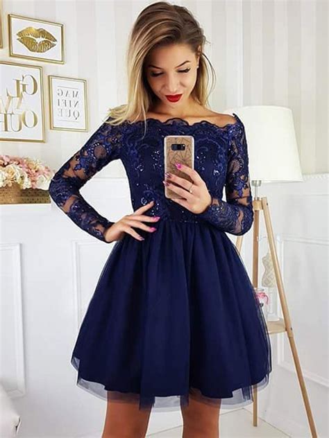 Off The Shoulder Long Sleeves Lace Navy Blue Short Prom Dresses Homeco Abcprom
