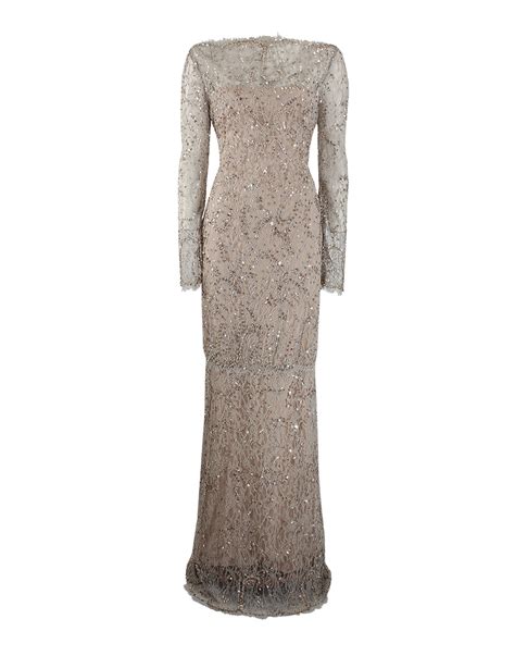Lyst Marchesa Long Sleeve Beaded Lace Gown In Gray