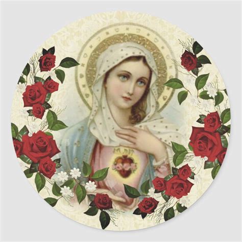 Immaculate Heart Virgin Mary Red Roses Classic Round Sticker Zazzle