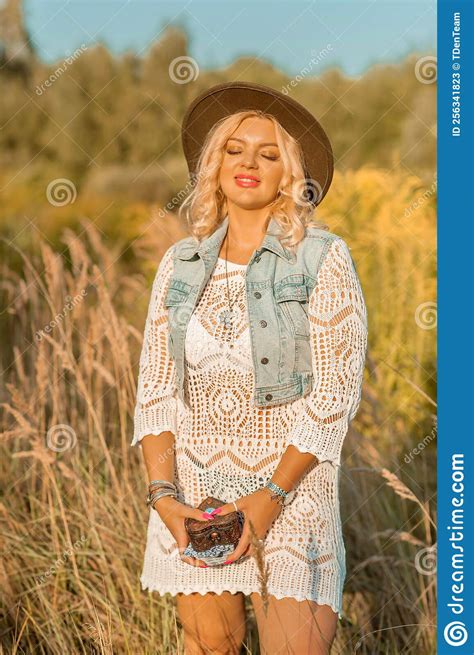 Boho Style Blonde Woman Romantic Clothes Collection Stock Image