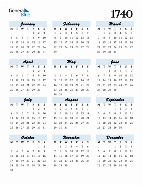 1740 Yearly Calendar Templates With Monday Start