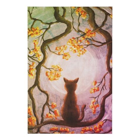 Whimsical Cat In Tree Full Moon Painting Art Faux Canvas Print