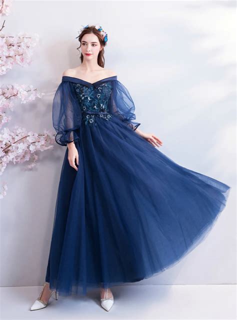 In Stockship In 48 Hours Blue Tulle Puff Sleeve Prom Dress In 2021