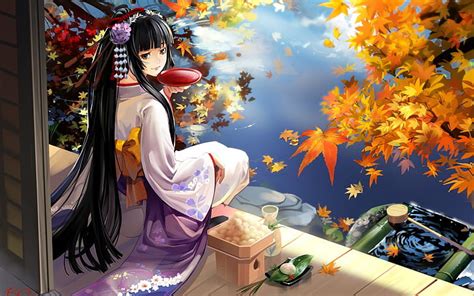 Hd Wallpaper Geisha Anime Black Haired Woman In Floral Yukata