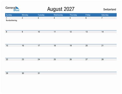 Editable August 2027 Calendar With Switzerland Holidays