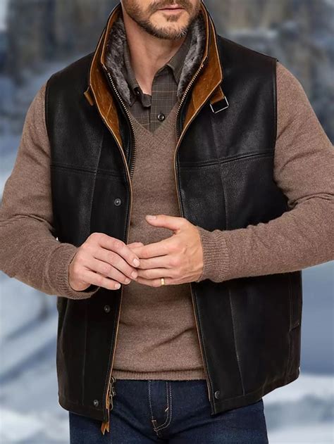 Mens Casual Stand Collar Leather Vest Wolljacken Jacken