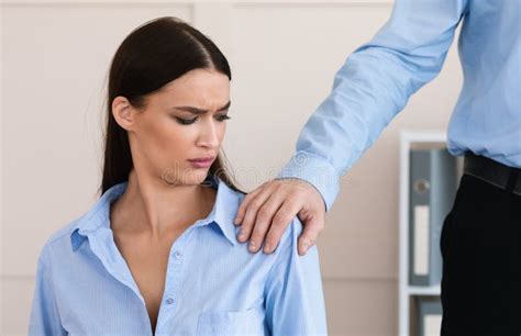 Boss Harassing Worker Woman Touching Her Shoulder At Workplace Cropped Stock Image Image Of