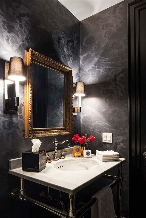 The new powder room exudes simple elegance from the polished nickel hardware, rich contrast and delicate accent lighting. 99 Powder Room Design Ideas (2018)