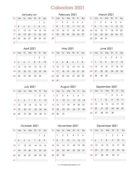 Digital plannermonday start free printable 2021 yearly calendar at a glance. Printable 5 By 8 2021 Calendar : Free Printable 2021 ...