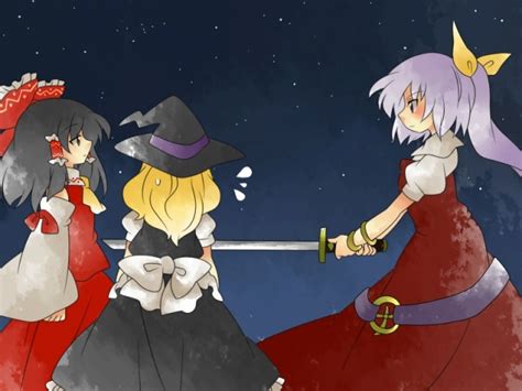 hakurei reimu kirisame marisa and watatsuki no yorihime touhou drawn by hammer sunset beach