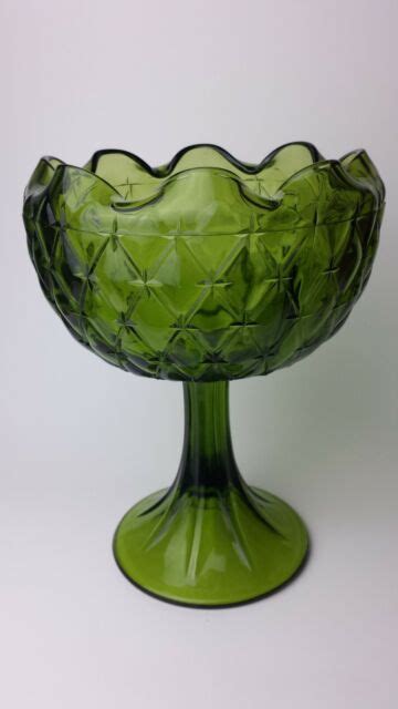 vintage green glass pedestal footed compote candy dish diagonal pattern ruffle ebay
