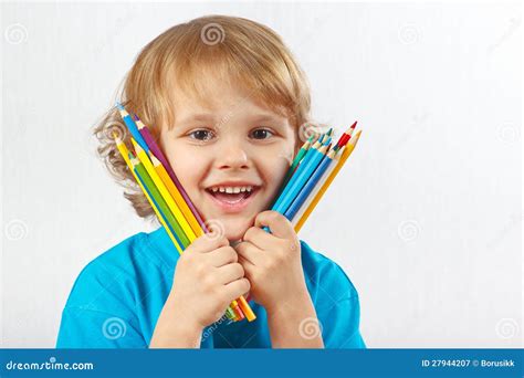 Little Smiling Boy Holds Color Pencils Stock Image Image Of Outline