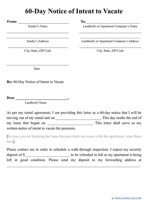 60 Day Notice Of Intent To Vacate Template Download Printable Pdf