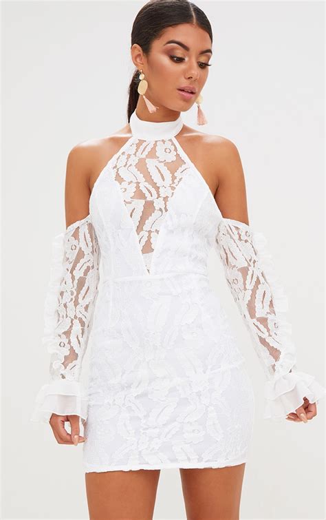 A formal staple of any woman's dressy wardrobe, a simple black dress is an ideal option for important occasions. White Lace Halterneck Frill Sleeve Bodycon Dress ...