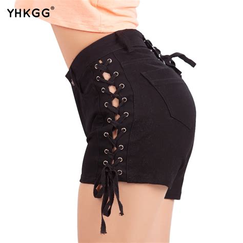 Yhkgg Summer Hole Denim Sexy Jeans Shorts Women High Waist Black Short Lace Up Bandage Shorts