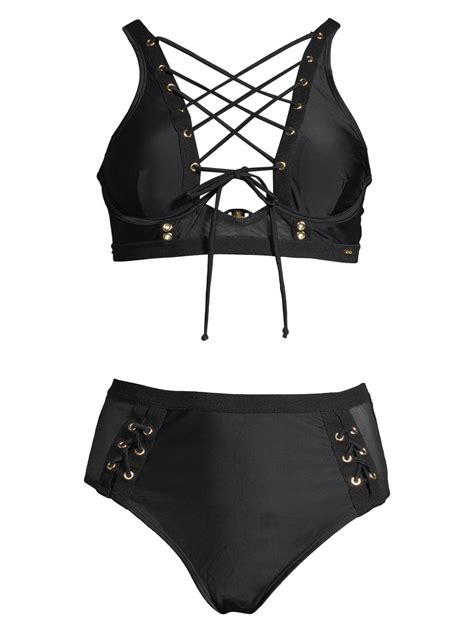 xoxo women s lace up bikini top and high waist bottom swimsuit 2 piece set