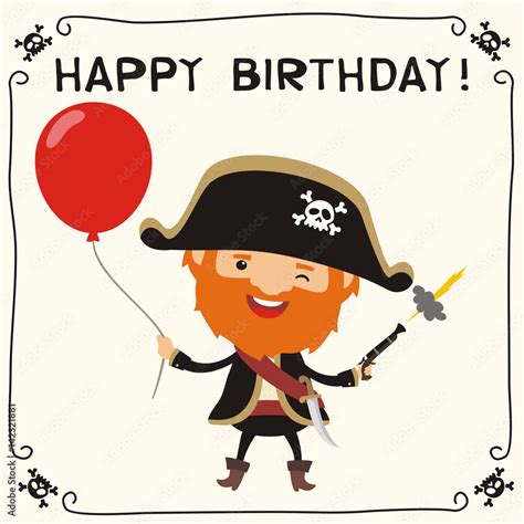 Happy Birthday Funny Pirate With Red Balloon Birthday Card With