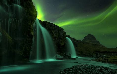 Wallpaper Night Rocks Northern Lights Norway Waterfalls Images For