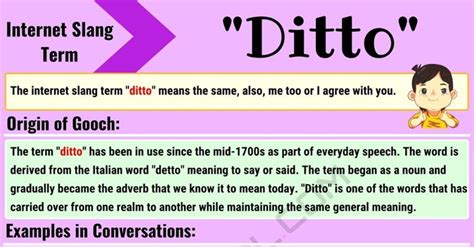 This could be the only web page dedicated to explaining the meaning of ditto (ditto acronym/abbreviation/slang word). Ditto Meaning: What Does the Interesting Slang Term "Ditto ...