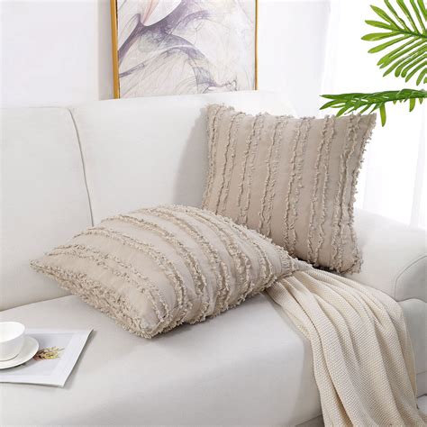 2Pcs Cotton Linen Decorative Throw Pillow Covers, Tassel Striped Sofa Pillow Covers, Beige ...