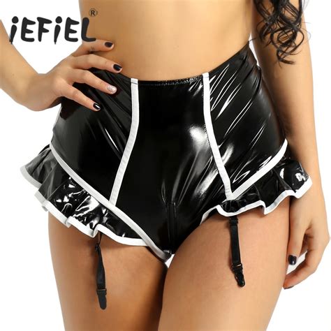 Womens Female Wetlook Sexy Lingerie Underwear Faux Leather Ruffled Lined Zipper Crotch