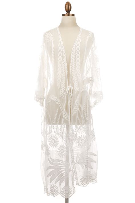 White Sheer Leaf Embroidered Kimono Kimonos