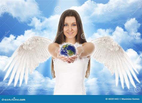 Young Angel Woman Holding Earth in Hands with Clouds Stock Image