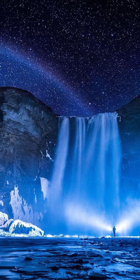 Iceland Skógafoss Nature Blue Waterfall Night Waterfall Hd Phone