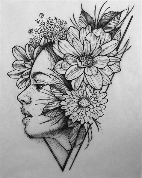 step by step drawing woman surrounded by flowers black and white pencil sketch white background