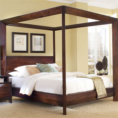 Queen Size Wooden Canopy Bed In Mocha Finish Wood Canopy Bed Wooden