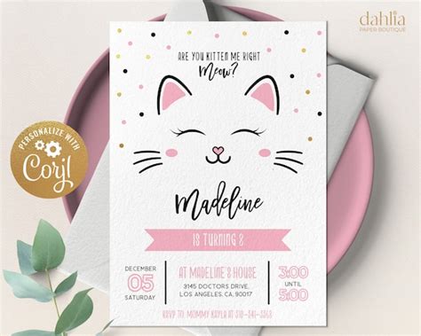 Kitty Cat Birthday Invitation Editable Purrfect Party Invite Template