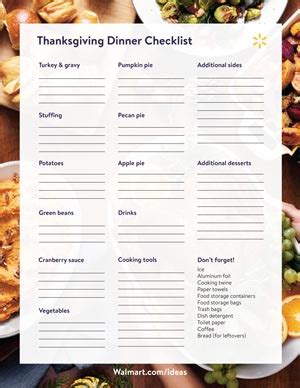 Add your perishables to this list and you'll be all set for your grocery shopping. Thanksgiving Meal Checklist & Easy Timeline - Walmart.com