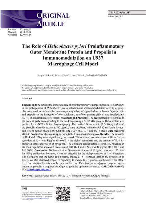 Pdf The Role Of Helicobacter Pylori Proinflammatory Outer Membrane Protein And Propolis In