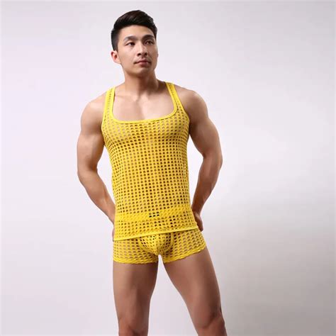 Mens Underwear See Through Hollow Out Mesh Vest With Boxer Shorts Suit Sexy Pyjama Homme