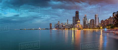 View Of Chicago Skyline At Dusk From North Shore Chicago Illinois