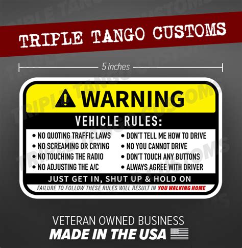 Vehicle Rules Funny Bumper Sticker Car Truck Window