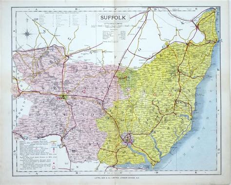Suffolk Original Antique County And Railway Map Letts 1884