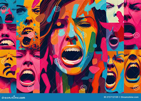 Colorful Face Collage Illustration With Multiple Expressions Featuring