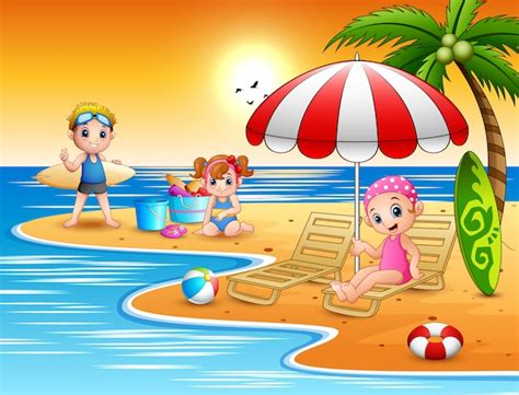 Vacaciones De Verano Niños En La Playa Vector Premium