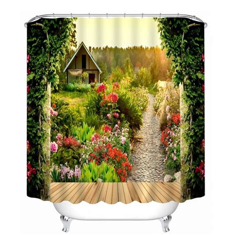 Pastoral 3d Shower Curtains Flower Garden Scenery Pattern Bathroom