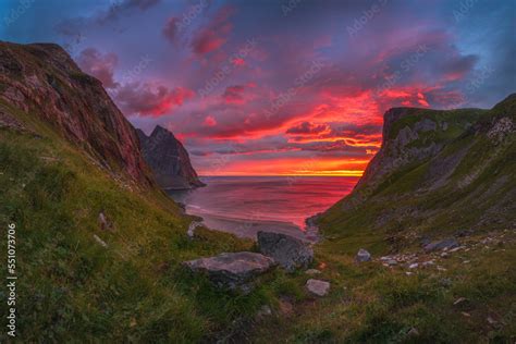 Spectacular Sunset At Kvalvika Beach On The Lofoten Islands Norway