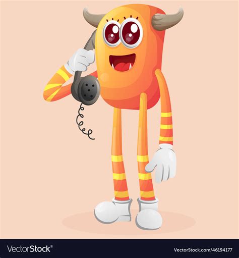 Cute Orange Monster Pick Up The Phone Answering Vector Image