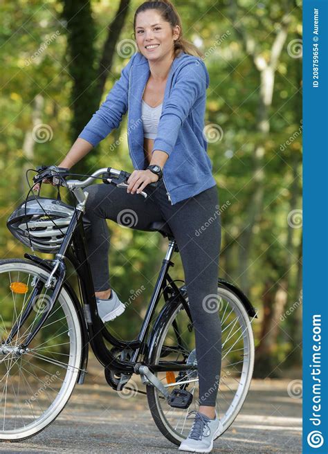 Happy Woman Biking In Forest Stock Photo Image Of Summer Ride