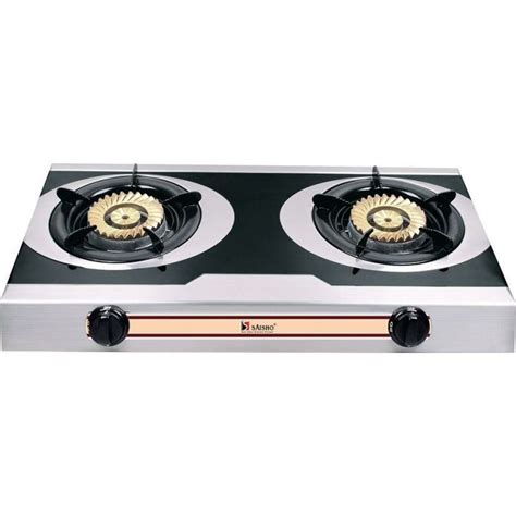 The Two Burner Stove Is Shown With Gold Trimmings And Black Burners