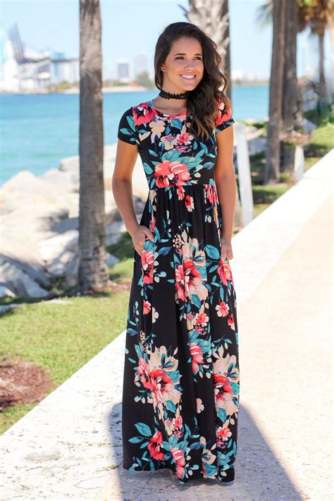 Black Floral Short Sleeve Maxi Dress With Pockets Maxi Dresses Saved By The Dress